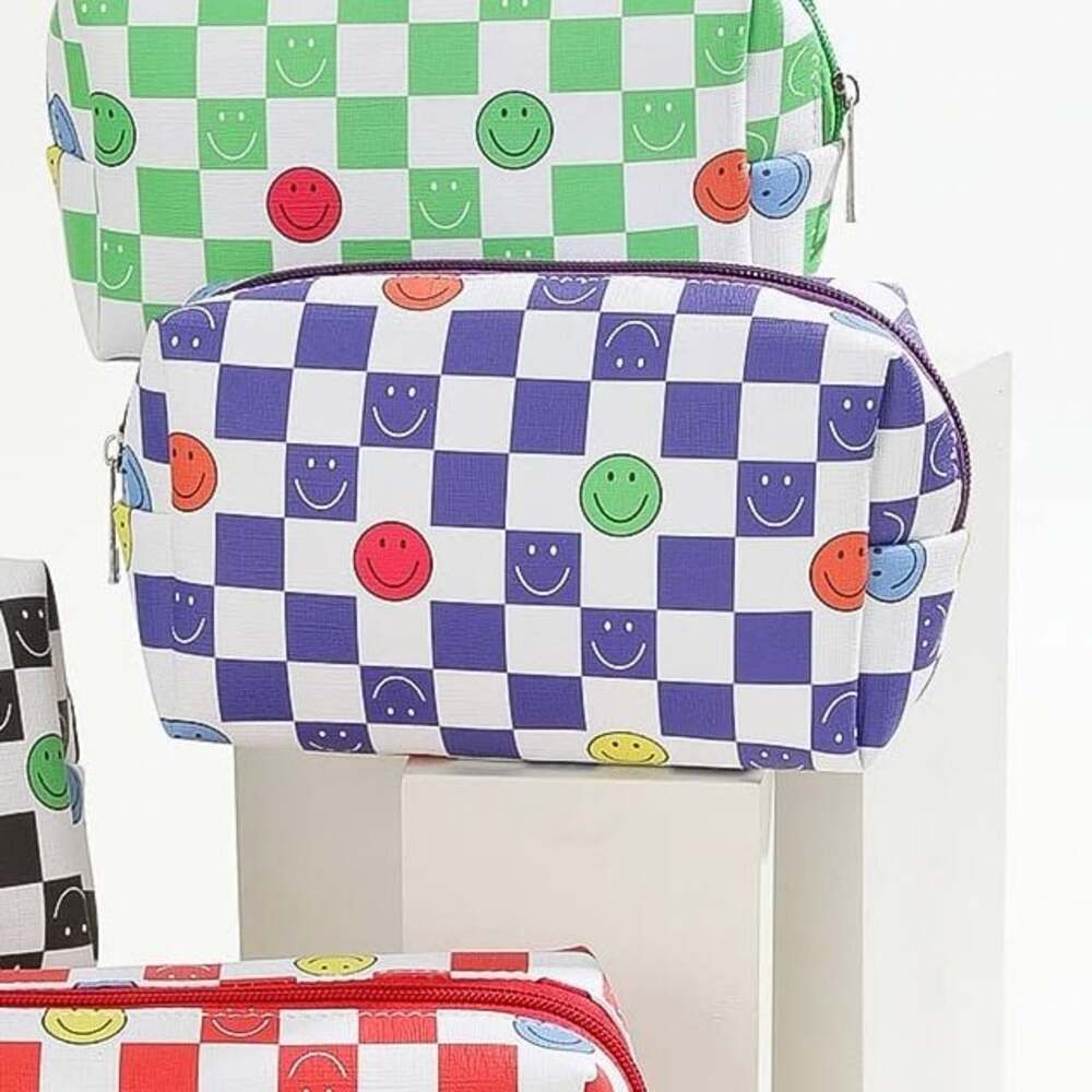 Purple and White Checkered Smiley Face Cosmetic Pouch Wristlet